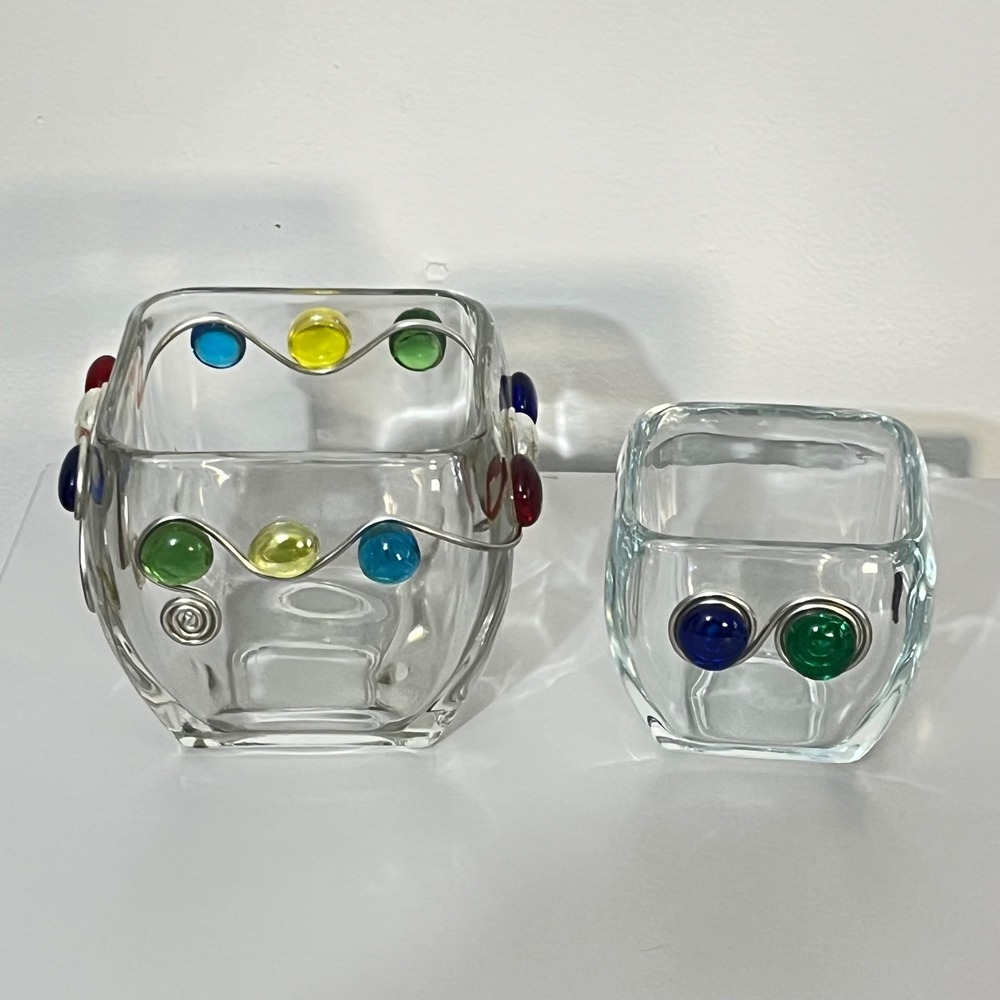 Set of 2 Clear Glass Votive‎ Candle Holders Colorful Wire Wrapped Marbles Square